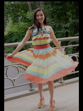 Ted Baker Multicolor Striped Dress with Coral Waistband size 4